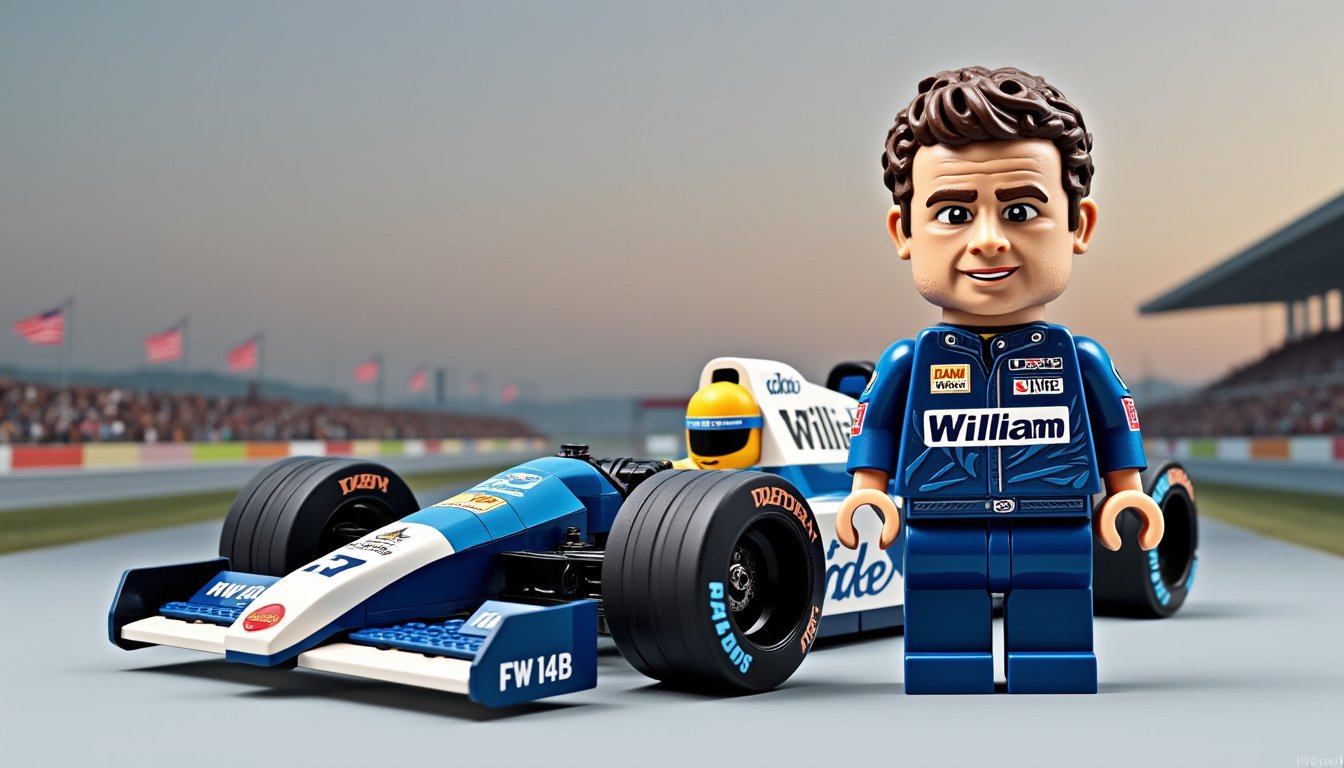 plongez dans l'univers de la formule 1 avec la réplique lego de la légendaire williams fw14b, accompagnée d'une figurine de nigel mansell à la moustache emblématique. un modèle incontournable pour tous les passionnés de course et de constructions créatives.